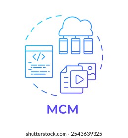 Icono de concepto de degradado azul de MCM. Gestión de contenidos móviles. Ciberseguridad, control de dispositivos. Ilustración de línea de forma redonda. Abstractas idea. Diseño gráfico. Fácil de usar en infografía, presentación