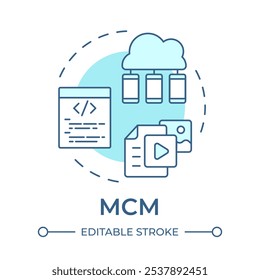 Icono de concepto azul suave de MCM. Gestión de contenidos móviles. Ciberseguridad, control de dispositivos. Ilustración de línea de forma redonda. Abstractas idea. Diseño gráfico. Fácil de usar en infografía, presentación