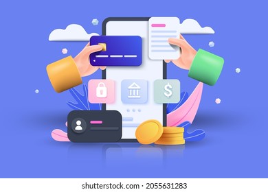 M-commerce 3D Illustration, online shopping, online payment and delivery concept with floating elements. sale banner, gift box, discount, social advertising. 3D Vector Illustration