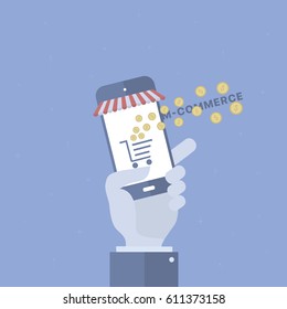 M-commerce background with device. Concept business vector for investing into ideas, creative innovative work, growing business. Flat illustration with thin broken line.