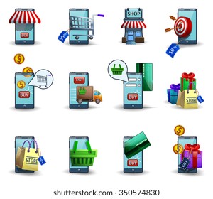 M-commerce buying and selling wireless digital customer mobile commerce services 3d icons set abstract isolated vector illustration