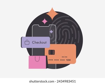 M-Commerce Checkout with Biometric Authentication. E-commerce checkout payment from mobile phone using fingerprint. Biometric authentication and mobile payment verification vector illustration