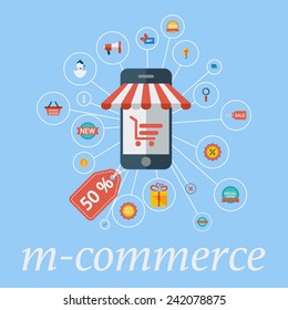 M-commerce. Estilo de diseño plano en color. Ilustración vectorial.