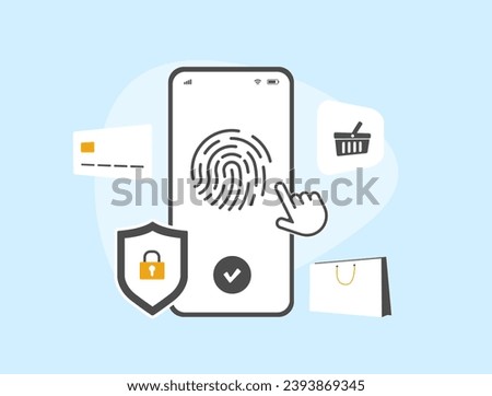 M-commerce Contactless Transactions with mobile biometric authentication. Biometrics in mobile commerce concept. E-commerce payment from mobile phone using fingerprint and biometric authentication