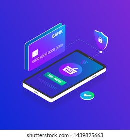 M-commerce fraud isometric Mobile Smart phone online shopping concept with credit bank card, security and basket icon and button Pay Now on the screen.