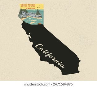 McWay Falls waterfall in california. Big sur with california map. Big sur artwork. Adventure at the mountain graphic artwork for t shirt and others. Beach with hill artwork. 