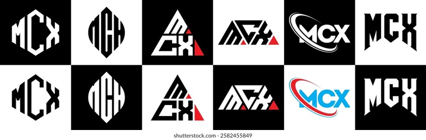 MCX letter logo design in six style. MCX polygon, circle, triangle, hexagon, flat and simple style with black and white color variation letter logo set in one artboard. MCX minimalist and classic logo