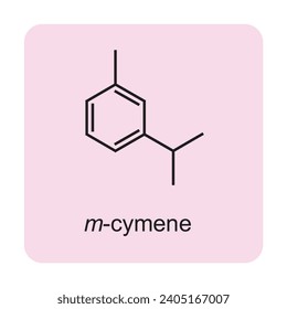 m-Cymene skeletal structure diagram.Monoterpene ketone compound molecule scientific illustration on pink background.