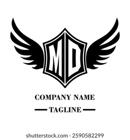 MD bold shield logo with wings, customizable with letters A to Z. Perfect for brands seeking a powerful symbol of strength, freedom, and ambition