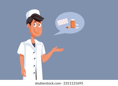 
Md Doctor Recommending a Cure Thinking to Write a Prescription Vector Cartoon. Happy general practitioner recommending preventive medication
