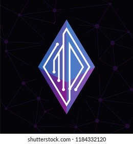 MD Initial letter block chain logo icon vector template. Looping mono line circuit letter on rhombus cube logo