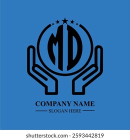MD initials held within hands, symbolizing trust and protection. The circle represents unity, while stars highlight excellence and ambition.