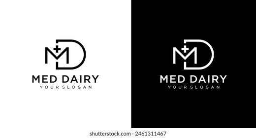 MD letter medicine Logo Design Vector Template. Abstract Alphabet MD with cross logo Illustration