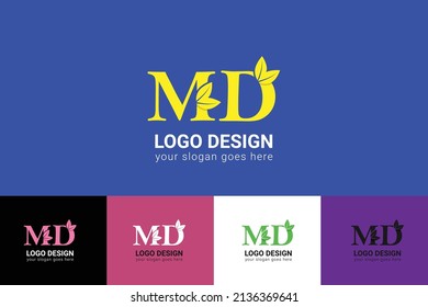 MD letters eco logo with leaf. Vector typeface for nature posters, eco friendly emblem, vegan identity, herbal and botanical cards etc. Ecology MD letters logo with leaf.