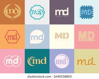 MD logo company template. Letter m and d logotype. Set different classic serif lettering and modern bold text with design elements. Initial font typography. Collection trendy business identity.