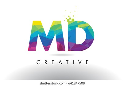 MD M D Colorful Letter Design with Creative Origami Triangles Rainbow Vector.