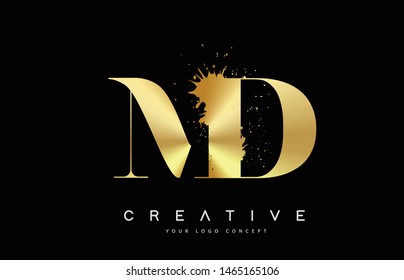 MD M D Letter Logo with Gold Melted Metal Splash Vector Design Illustration.