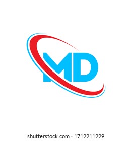 MD M D letter logo design. Initial letter MD linked circle upercase monogram logo red and blue. MD logo, M D design