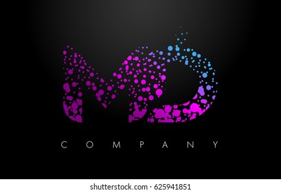 MD M D Letter Logo with Purple Blue Particles and Bubble Dots Design Vector.