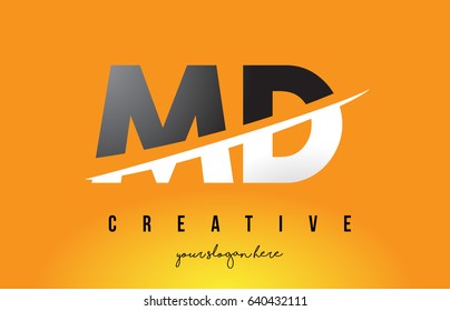 MD M D Letter Modern Logo Design with Swoosh Cutting the Middle Letters and Yellow Background.