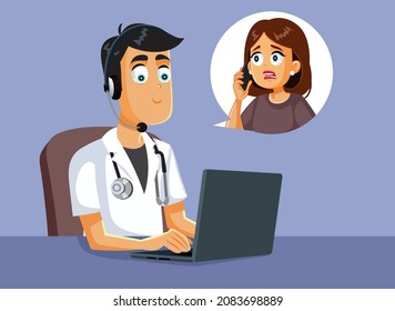 
MD Offering Medical Assistance Over the Phone Vector Illustration. Medic consulting via mobile phone giving emergency medical advice
