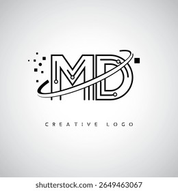MD Orbit Monogram Logo - Futuristic Minimal Letter mark com Circular Line Art, Tech-Inspired Dots e Space Motion Concept para identidade de marca moderna