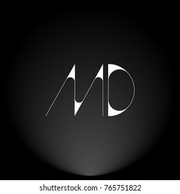 MD White thin minimalist LOGO Design with Highlight on Black Background.