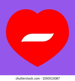M-dash symbol. Vector. White icon in red heart at lavender background.
