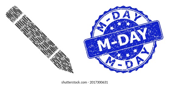 M-Day grunge round seal and vector recursive collage pencil. Blue seal includes M-Day text inside round shape. Vector collage is made of recursive pencil icons.