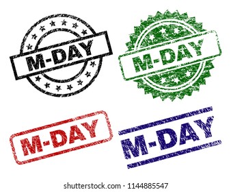 M-DAY seal prints with distress texture. Black, green,red,blue vector rubber prints of M-DAY label with scratched style. Rubber seals with circle, rectangle, medallion shapes.