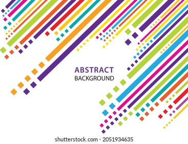 Plantilla vectorial abstracta moderna con líneas arcoiris y cuadrados aislados en fondo blanco. Diseño gráfico de moda.