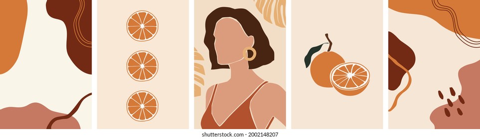 mdern vector abstract boho summer posters: woman, fruits, tropical vibes