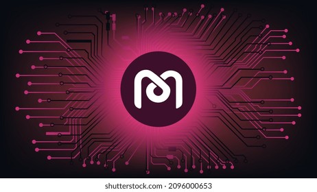 Mdex MDX cryptocurrency token symbol of the DeFi project in circle on abstract digital background with pcb tracks. Currency coin icon. Decentralized finance programs. Vector illustration. svg