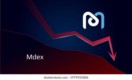 Mdex MDX in downtrend and price falls down. Cryptocurrency coin symbol and red down arrow. Uniswap crushed and fell down. Cryptocurrency trading crisis and crash. Vector illustration. svg