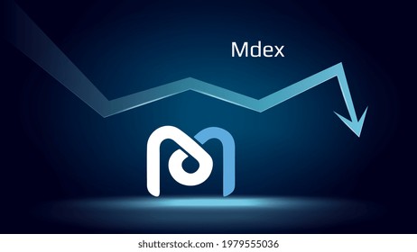 Mdex MDX in downtrend and price falls down. Cryptocurrency coin symbol and down arrow. Uniswap crushed and fell down. Cryptocurrency trading crisis and crash. Vector illustration. svg