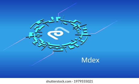 Mdex MDX isometric token symbol of the DeFi project in digital circle on blue background. Cryptocurrency coin icon. Decentralized finance programs. Vector illustration. svg