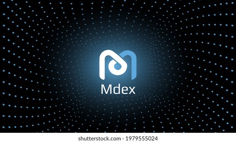 Mdex MDX token symbol cryptocurrency in the center of spiral of glowing dots on dark background. Cryptocurrency logo icon for banner or news. Vector illustration. svg