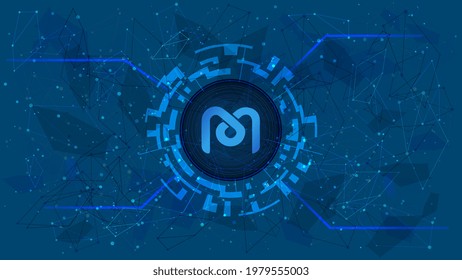 Mdex MDX token symbol of the DeFi project in digital circle with cryptocurrency theme on blue background. Cryptocurrency coin icon. Decentralized finance programs. Vector illustration. svg