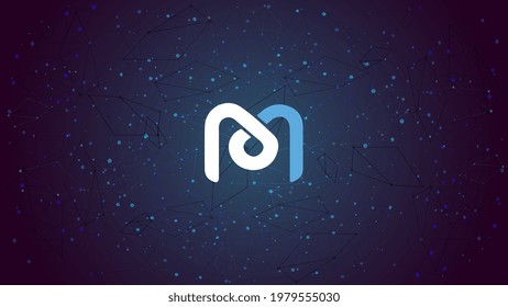 Mdex MDX token symbol of the DeFi project cryptocurrency theme on blue polygonal background. Cryptocurrency coin logo icon. Decentralized finance programs. Vector illustration. svg