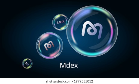 Mdex MDX token symbol in soap bubble, coin DeFi project decentralized finance. The financial pyramid will burst soon and destroyed. Vector illustration. svg
