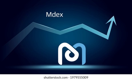 Mdex MDX in uptrend and price is rising. Cryptocurrency coin symbol and up arrow. Uniswap flies to the moon. Vector illustration. svg