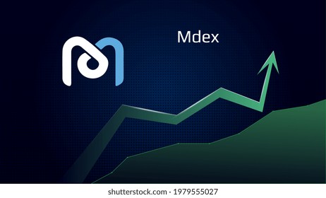 Mdex MDX in uptrend and price is rising. Cryptocurrency coin symbol and green up arrow. Uniswap flies to the moon. Vector illustration. svg