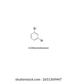 m-Dibromobenzeno estrutura esquelética. Ilustração esquemática do composto aromático halogenado. Diagrama simples, fórmula química.