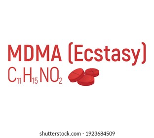 MDMA ecstasy concept chemical formula icon label, text font vector illustration, isolated on white. Periodic element table, addictive drug stuff.