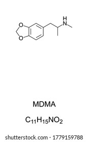 MDMA, known as ecstasy, E, or molly, chemical structure and formula. Psychoactive drug used for recreational purposes, but with bad adverse effects and illegal in most countries. Illustration. Vector.