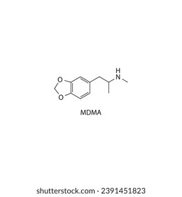 Estructura molecular MDMA, diagrama de fórmula esquelética sobre fondo blanco. Ilustración vectorial EPS10 científica.