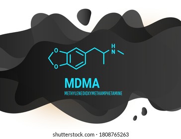 Fórmula química estructural de MDMA con formas de líquido líquido negro sobre fondo blanco