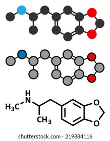 MDMA (XTC, E, ecstasy) party drug molecule. Full chemical name is 3,4-methylenedioxymethamphetamine. Stylized 2D rendering and conventional skeletal formula.