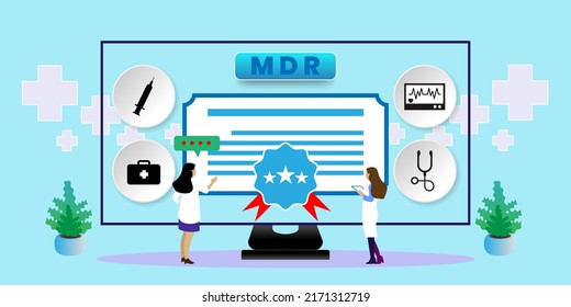 MDR - Medical Device Regulation Concept With Icons. Cartoon Vector People Illustration