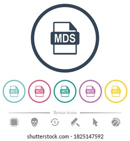 MDS file format flat color icons in round outlines. 6 bonus icons included.